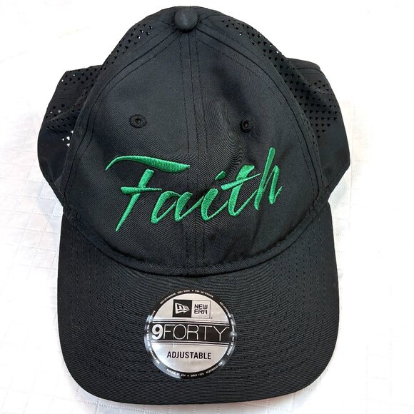 New Era 9FORTY Accessories - New Era 9FORTY black adjustable trucker hat with green embroidered word "Faith"